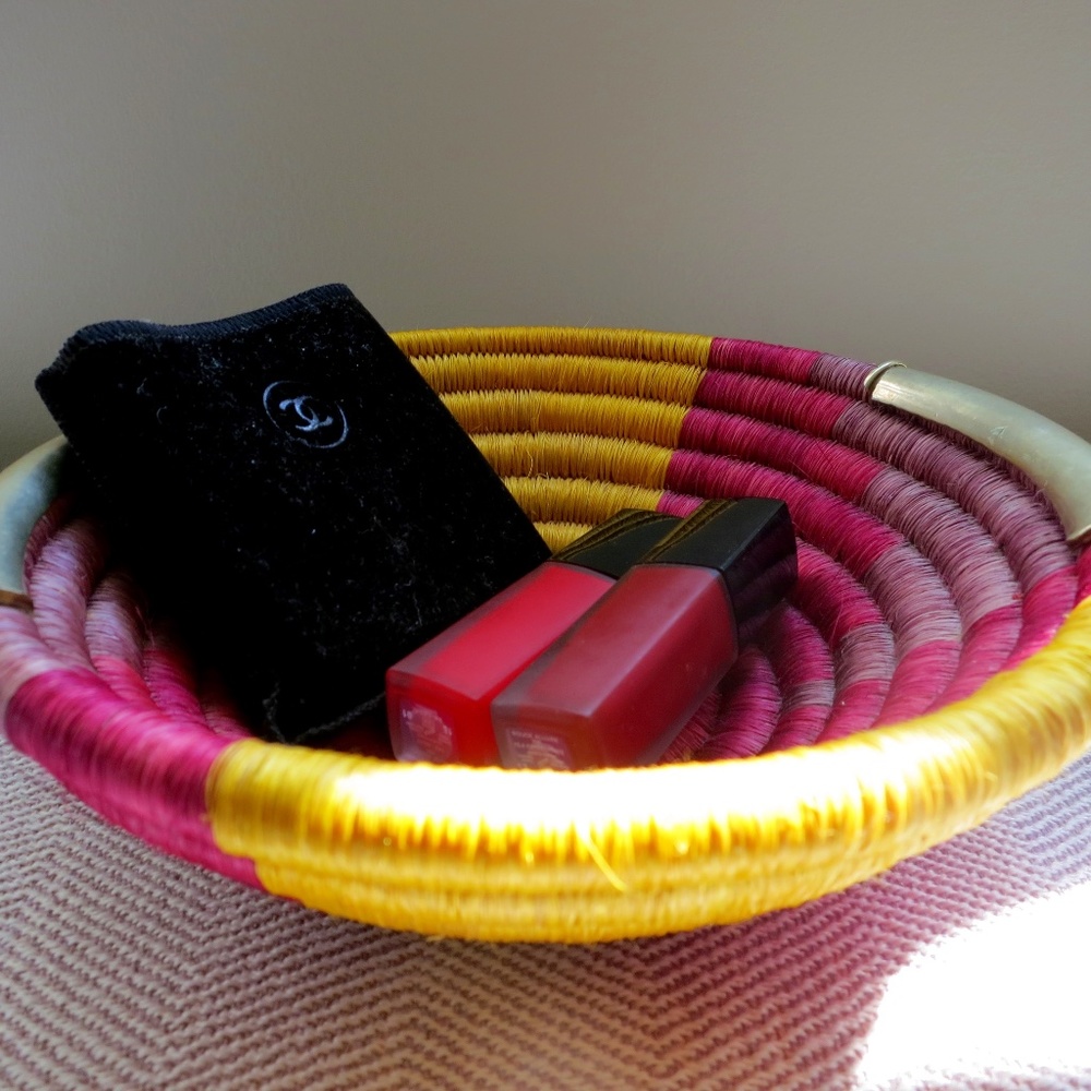 Handmade Purple and Yellow Woven Basket Bowl with Metal Handles